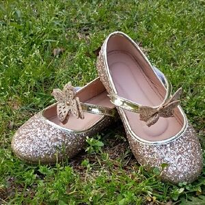 Sparkling Gold Kids Dress Shoes with Butterfly Detail